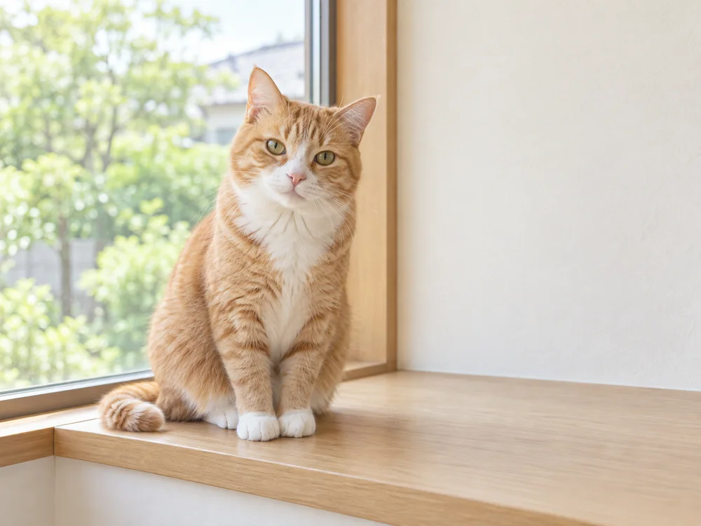 明るい木の窓辺に座る、白い胸と足の茶トラ猫