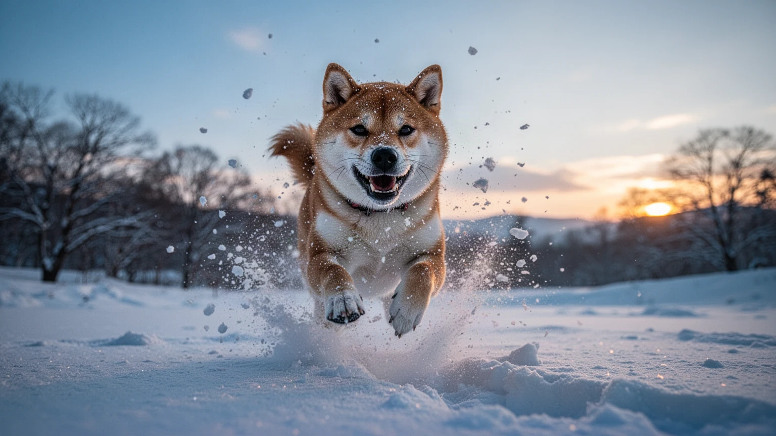 雪へ飛び込む柴犬