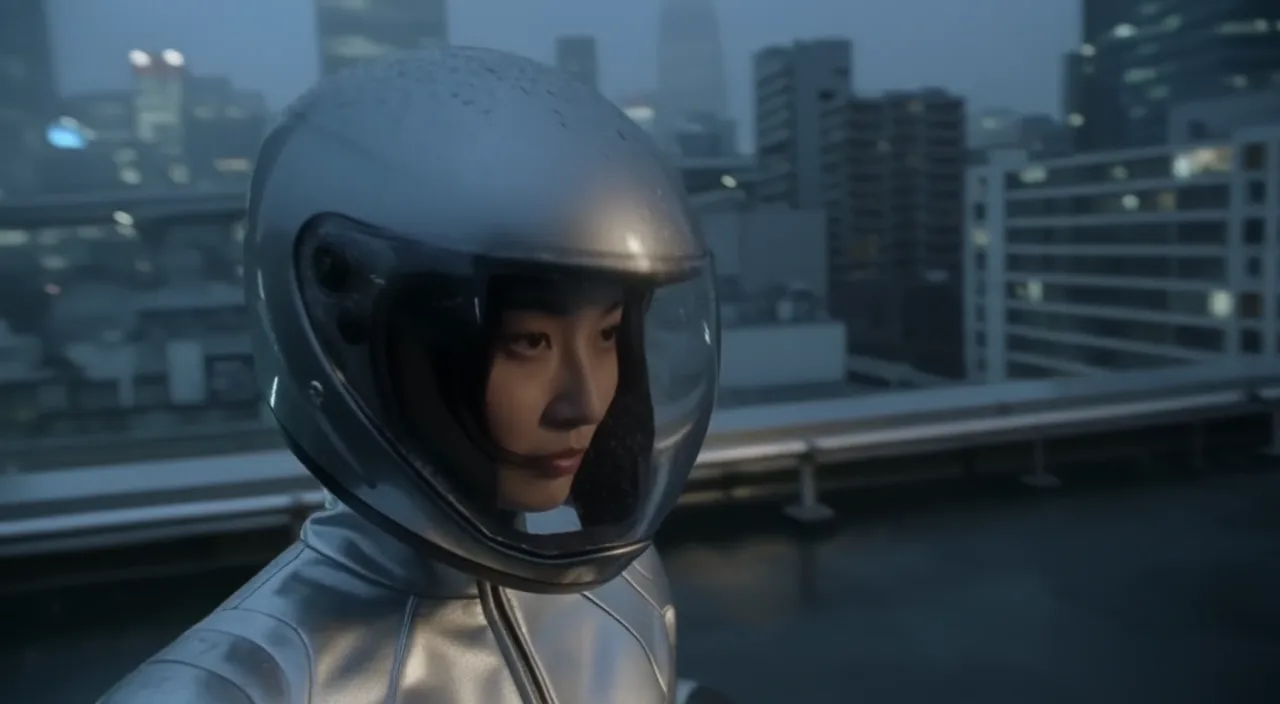 東京屋上でヘルメットを閉じる成人女性のFLUX.3フレーム