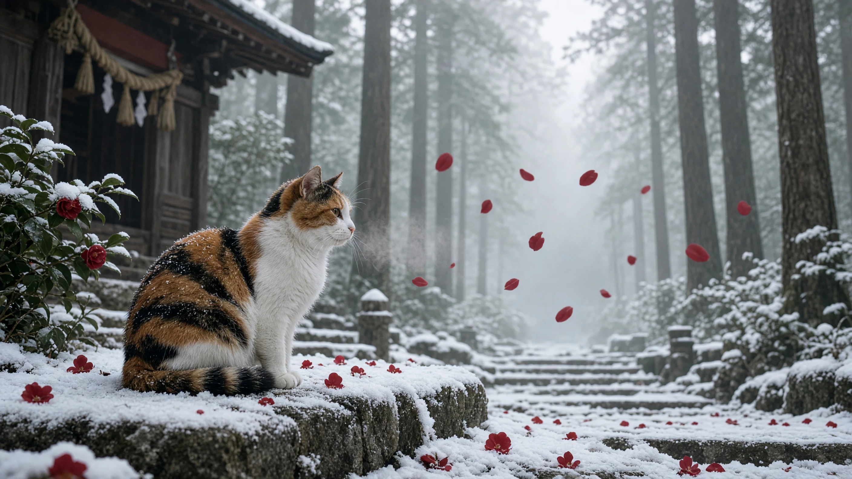 雪の神社で待つ三毛猫