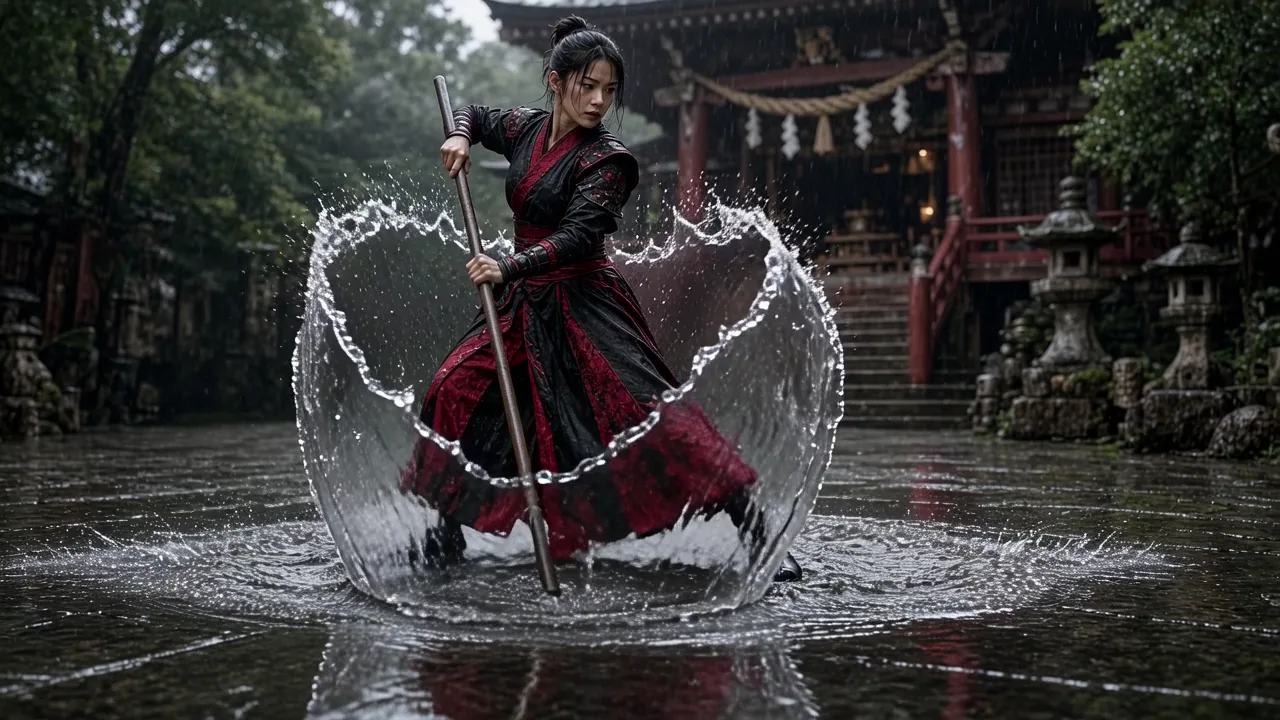 雨の神社で杖を打つ成人女性のGrok Video 1.5フレーム