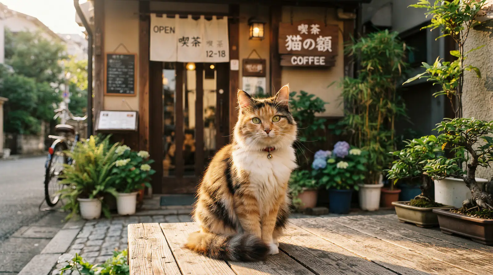 店先で顔を上げる三毛猫