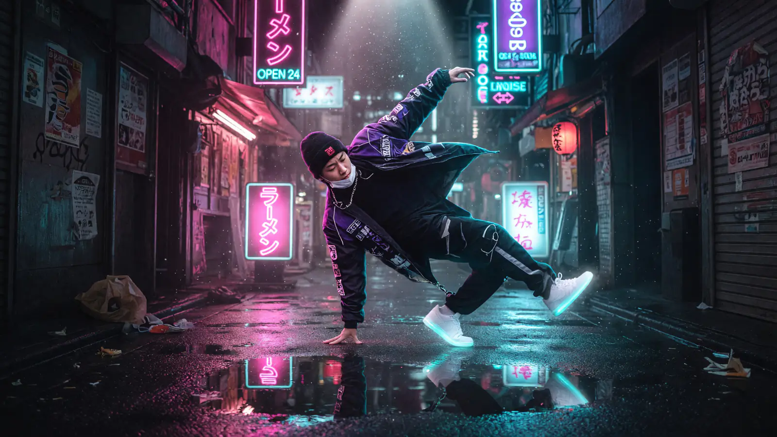 夜のネオン路地で踊るダンサー