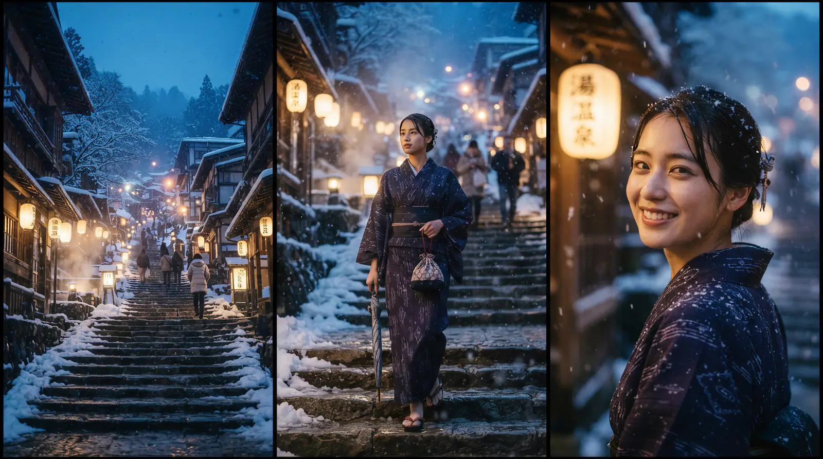 雪の温泉街を歩く旅人の連続ショット