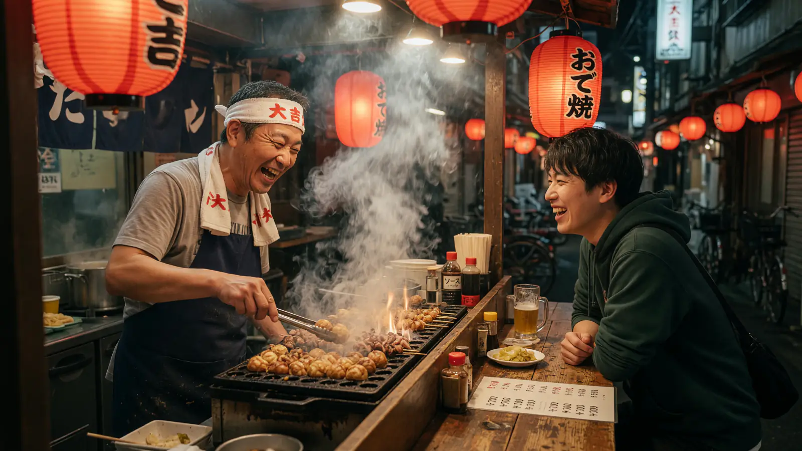 夜の屋台で会話する店主と客