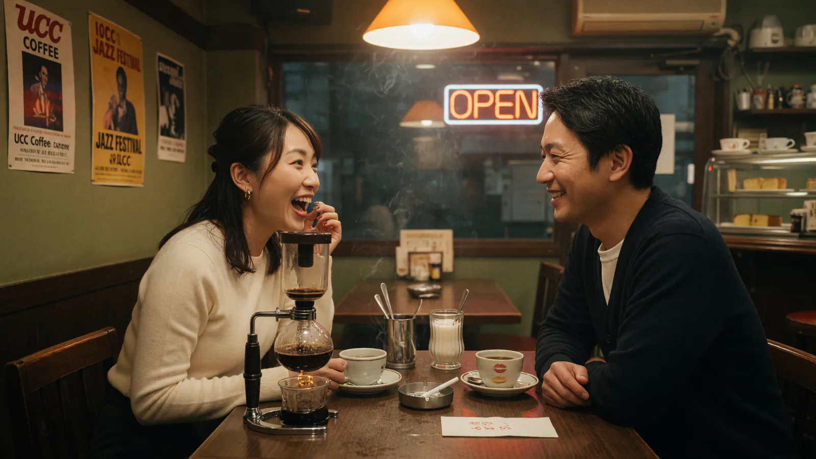カフェで向かい合って会話する二人
