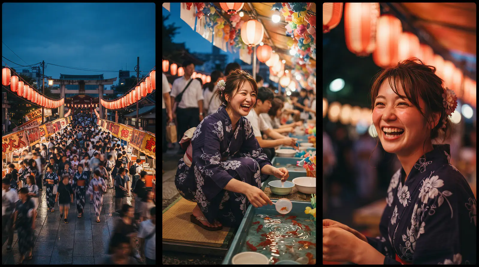 夏祭りの同一シーンを3ショットでつないだフィルムストリップ