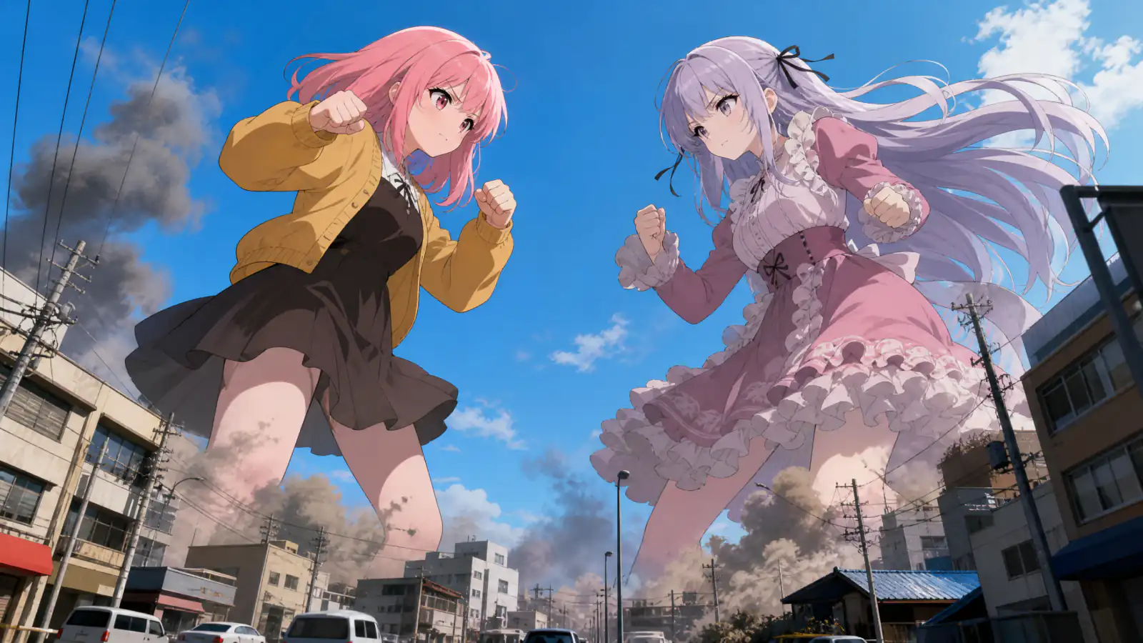 街に立つ二人の巨人少女が対峙するアニメバトル
