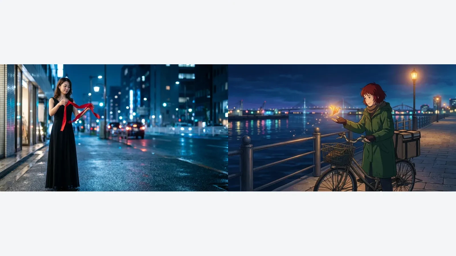 成年女性の写真とオリジナル成人アニメの構図作例