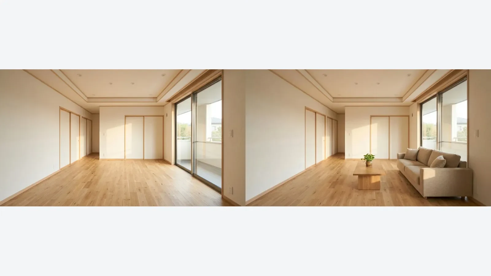 家具追加の編集前と編集後を並べた同じ部屋