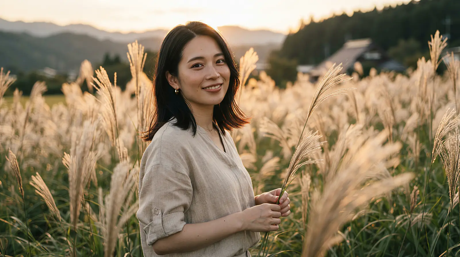 夕暮れのすすき野原に立つ日本人女性の逆光ポートレート