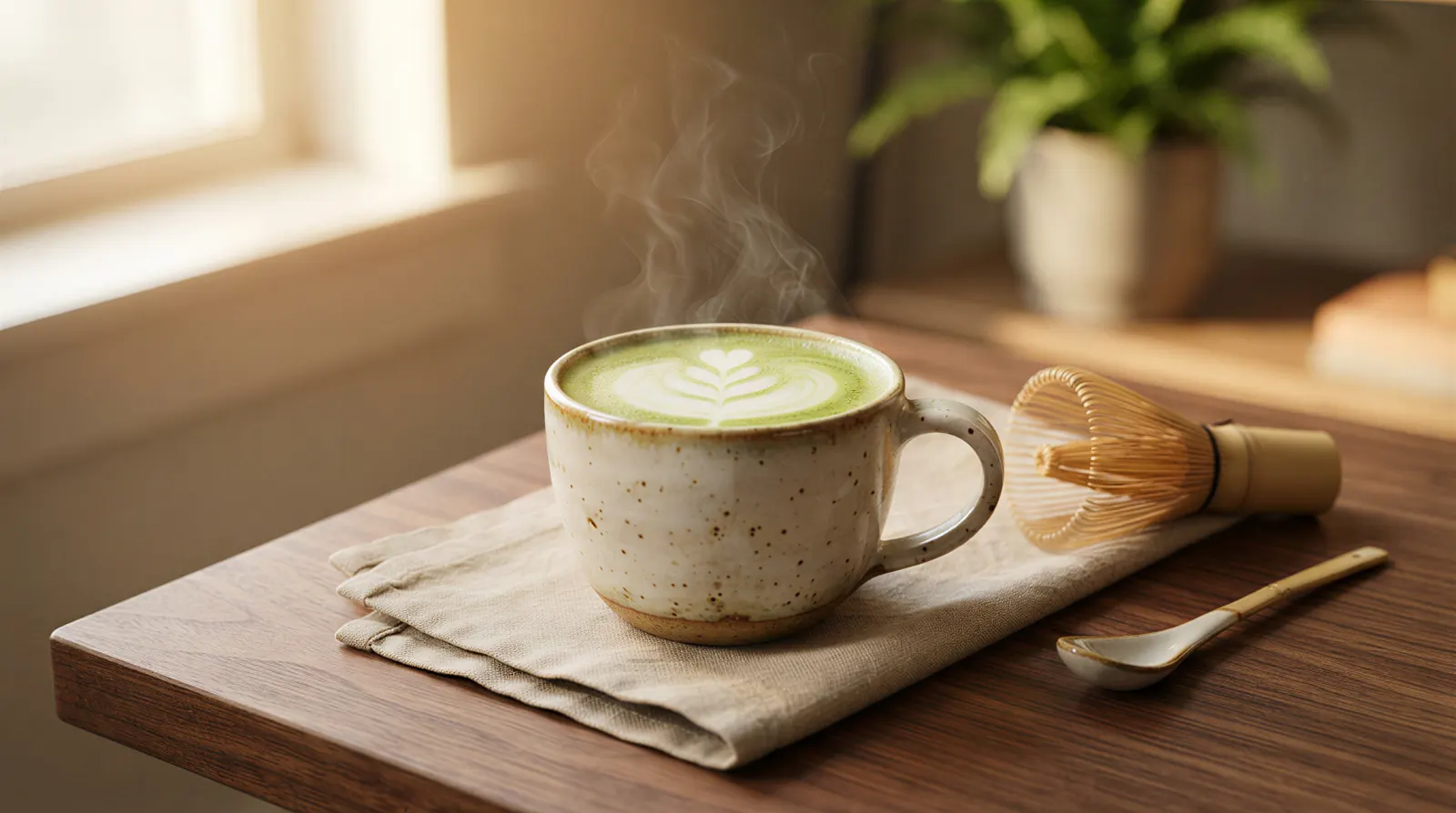 木のテーブルに置かれた抹茶ラテの商品カット