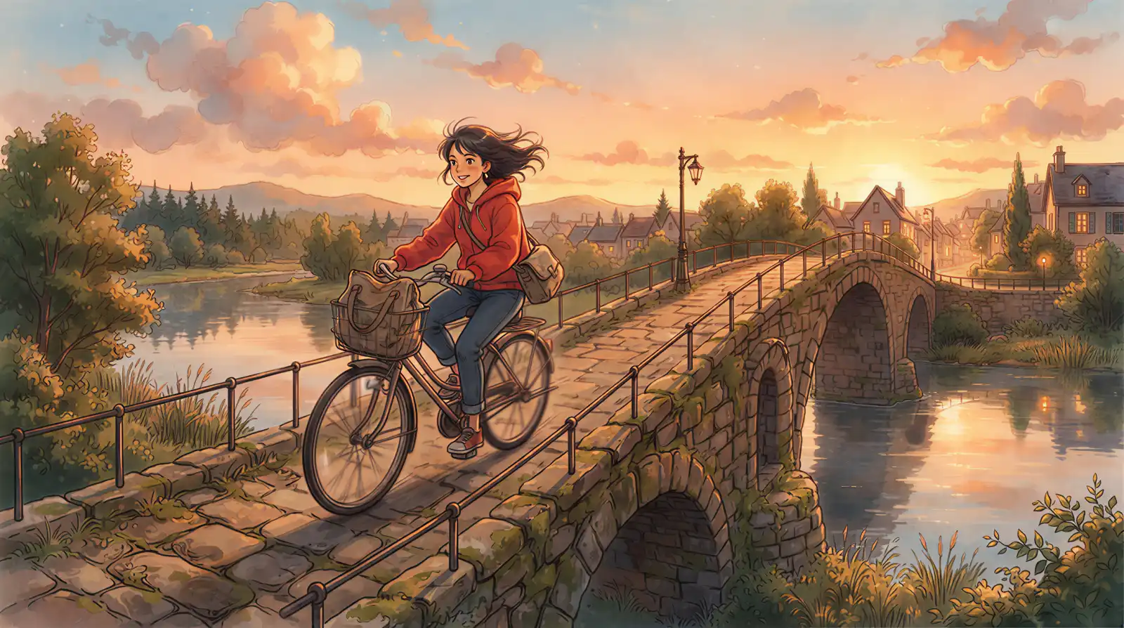 自転車に乗る人物の写真を手描きアニメ風に変換した作例