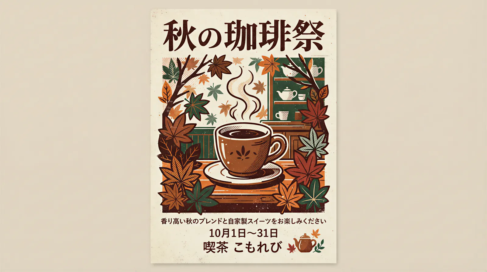「秋の珈琲祭」と大きく書かれたレトロなカフェポスター