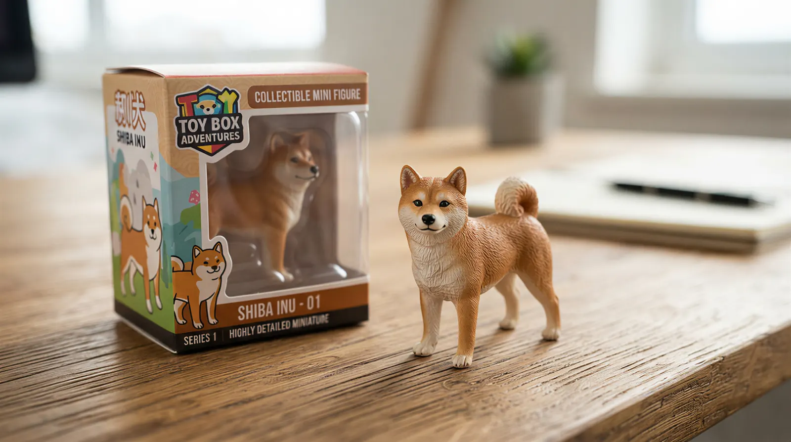 柴犬のコレクションフィギュアとパッケージ箱が並ぶデスク
