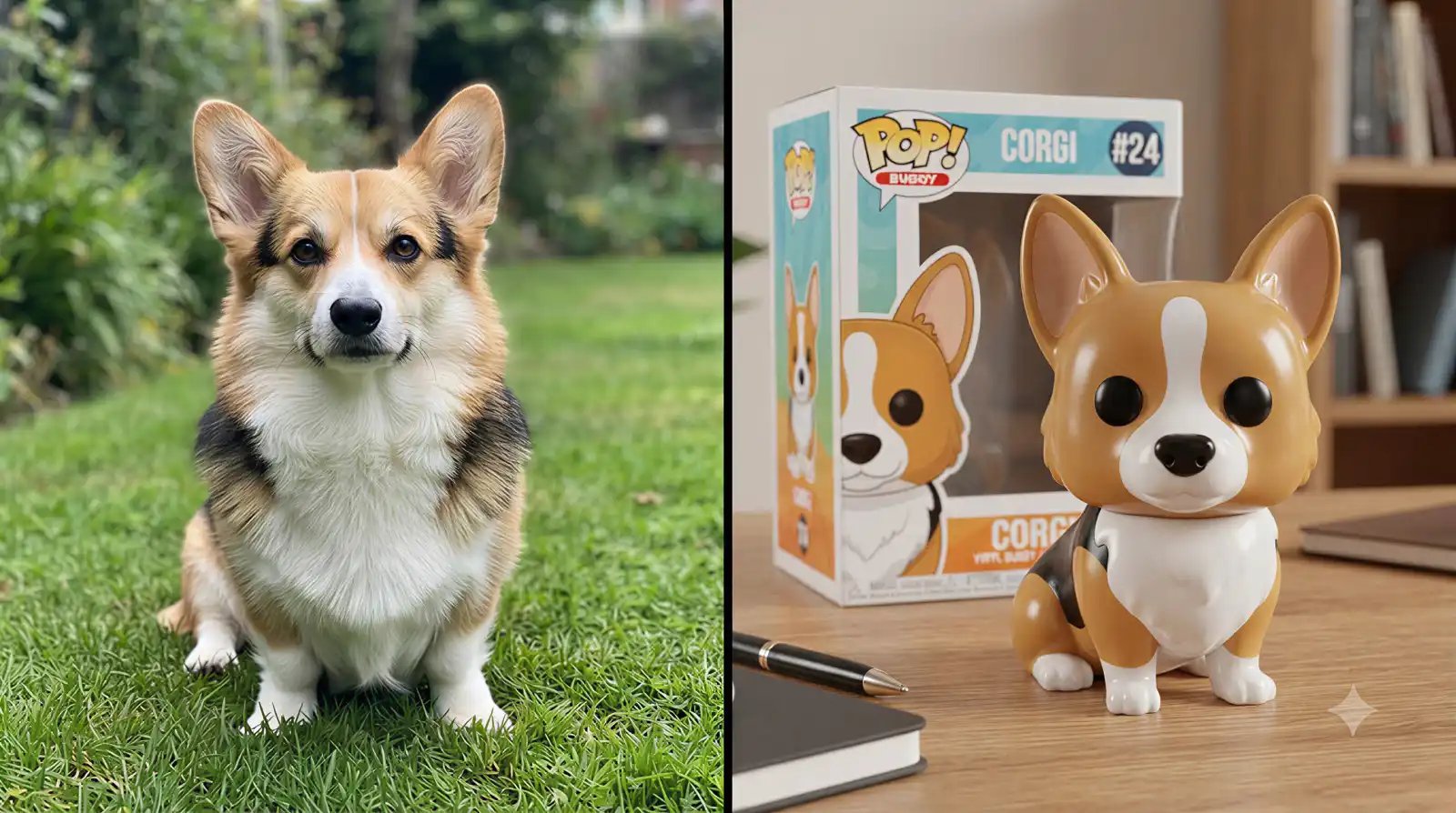 犬の写真とそれをフィギュア化した商品風カットの比較