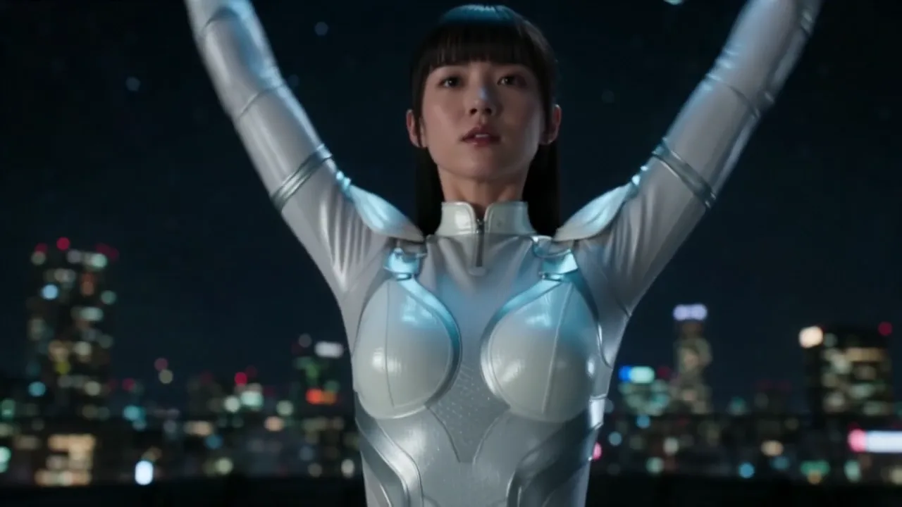 屋上で扇を開く成人女性のPixVerse V6フレーム