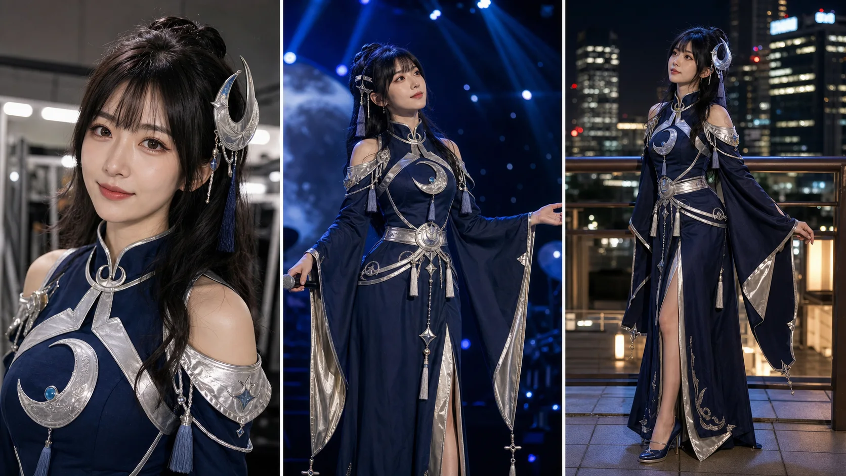 同じ成人コスプレパフォーマーを3つの場所で保った参考ボード