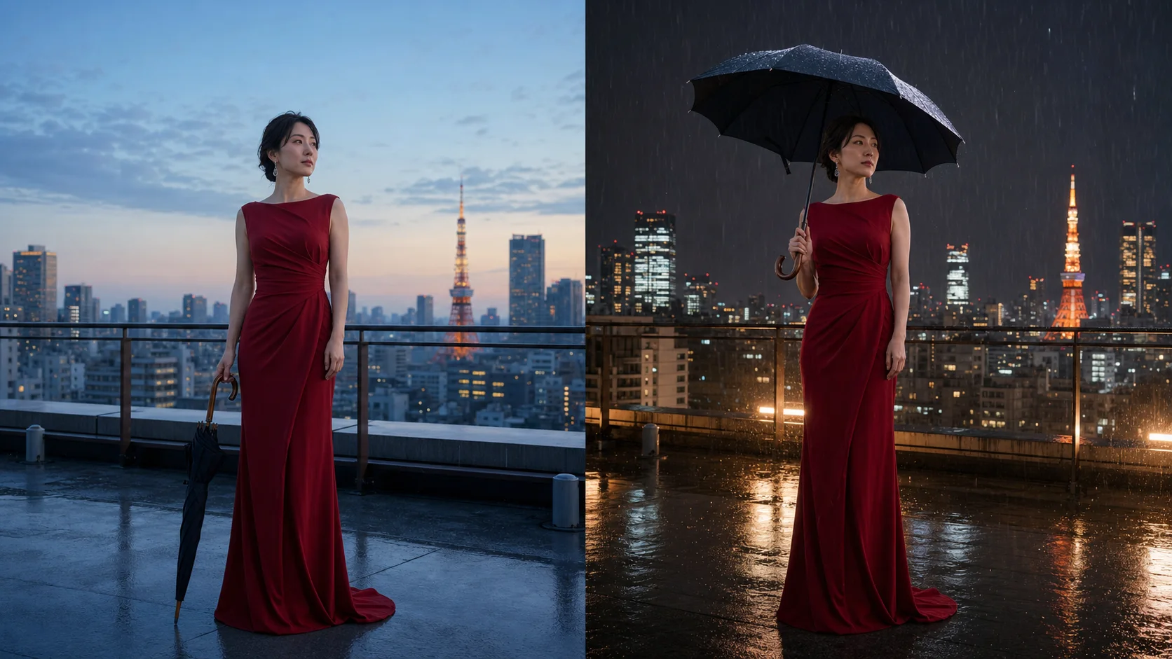 同じ成人女性と屋上を朝から雨の夜へ変化させた首尾フレーム