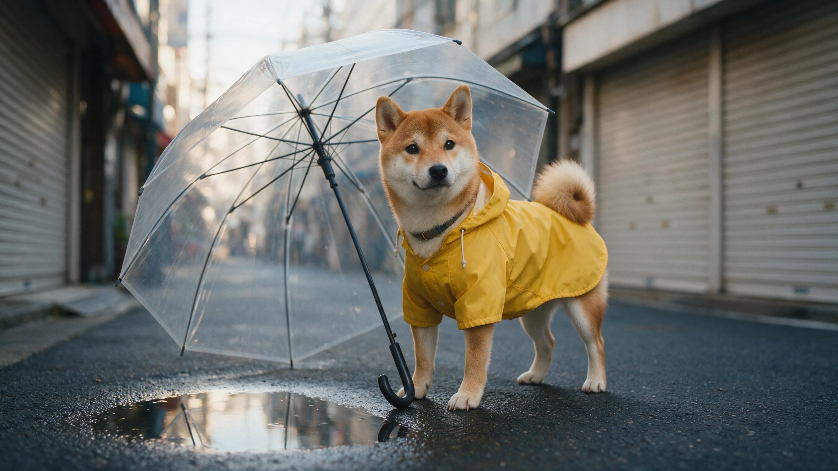 雨上がりを待つ柴犬