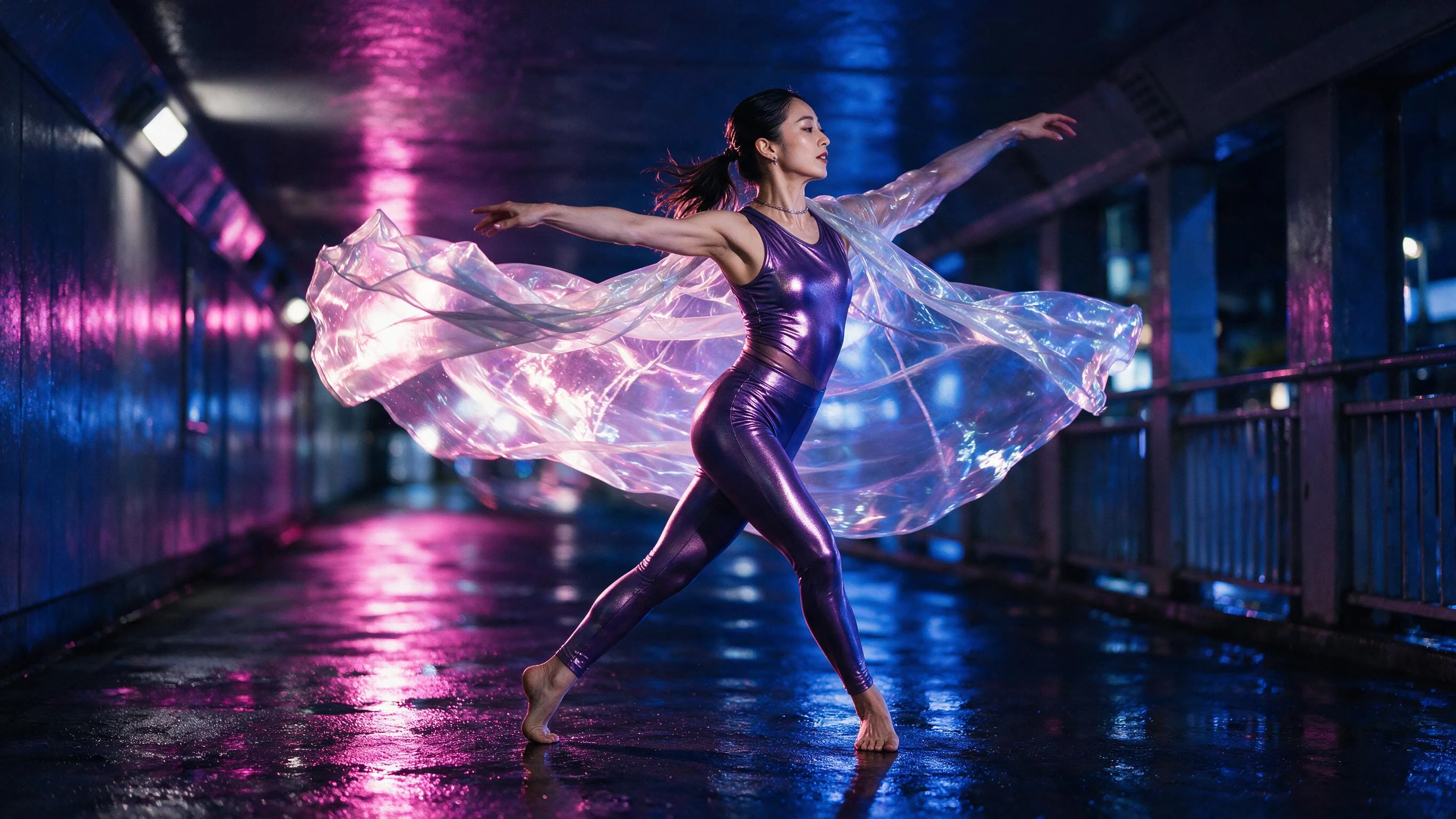 雨のトンネルを切るネオンダンス