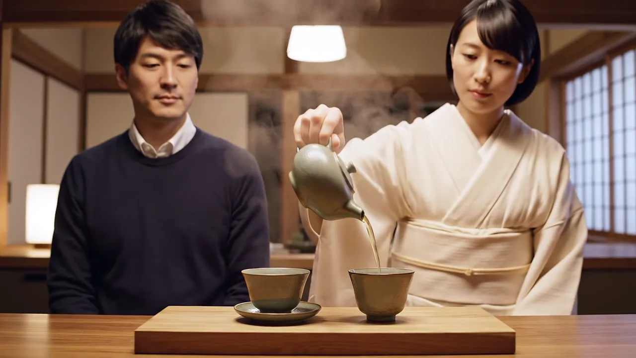 京都の町家で会話する成人男女のVeo 3.1動画フレーム