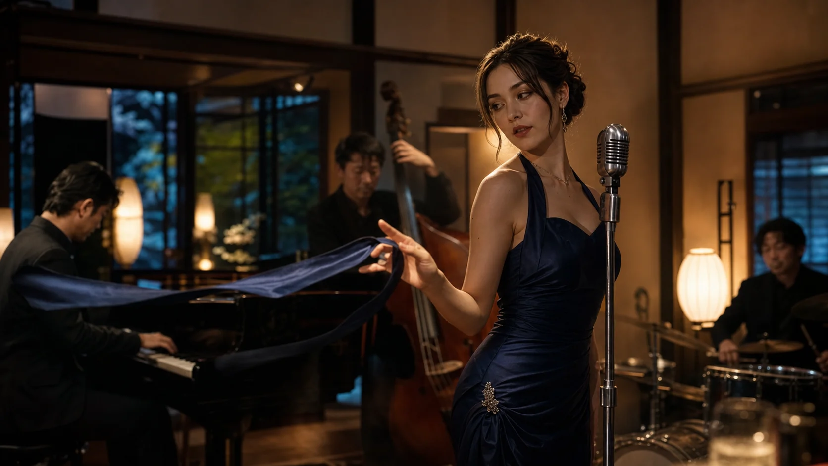 京都風ジャズラウンジで歌う成人女性のオリジナル企画ビジュアル