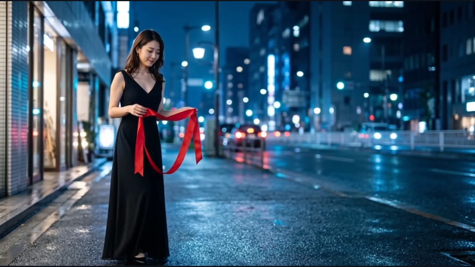 開始画像と同じ成人女性がリボンを動かすQ4の動画フレーム