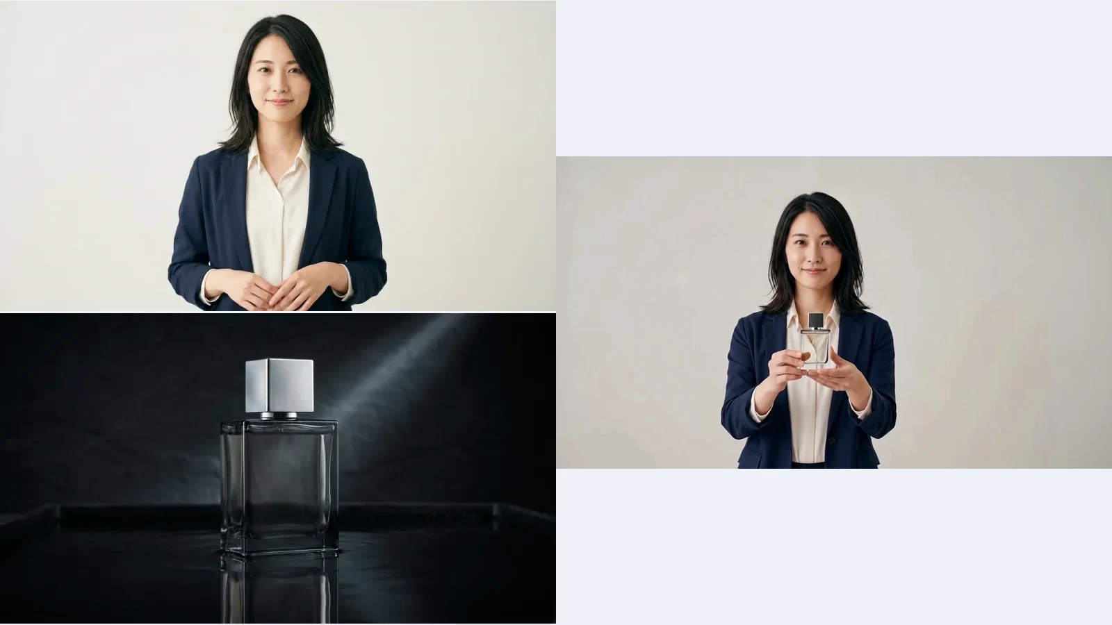 人物と香水瓶の参考画像とQ4で生成した場面