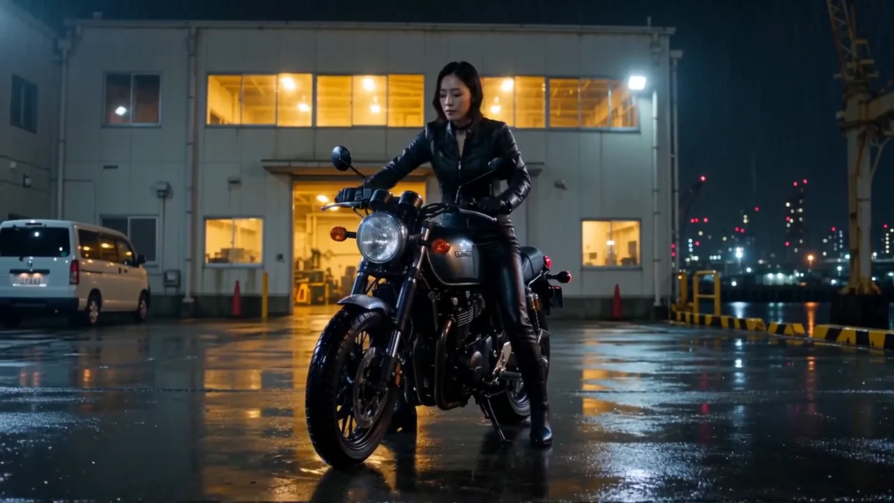横浜の夜にバイクへ跨る成人女性のWan 3.0動画フレーム